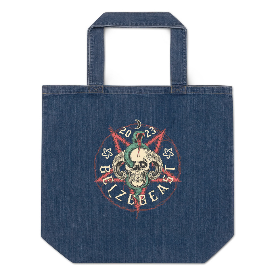 Belzebeast Pentagram - Halloween Skull with Snake Organic Denim Tote Bag