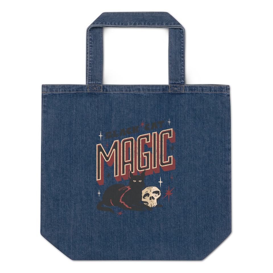 Black Cat Magic Organic Denim Tote Bag