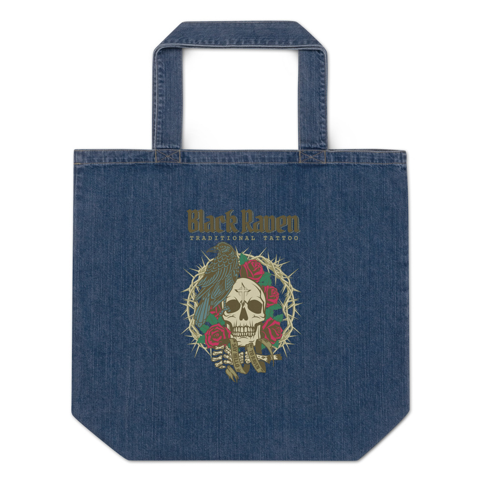 Black Raven Tattoo - Skull & Thorns Organic Denim Tote Bag