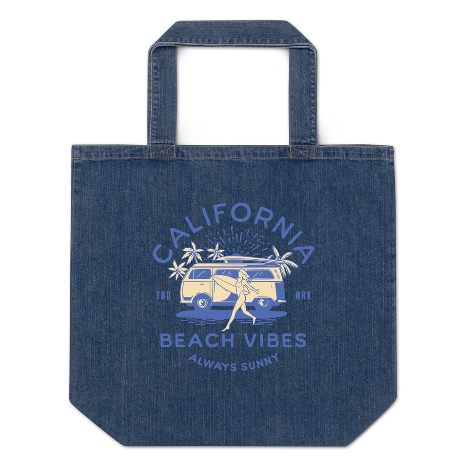 California Beach Vibes - Retro Camper Van Organic Denim Tote Bag