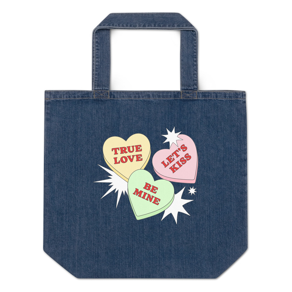 Candy Hearts - Valentine's Day Organic Denim Tote Bag