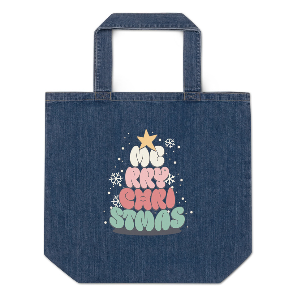Cartoony Christmas Tree Organic Denim Tote Bag