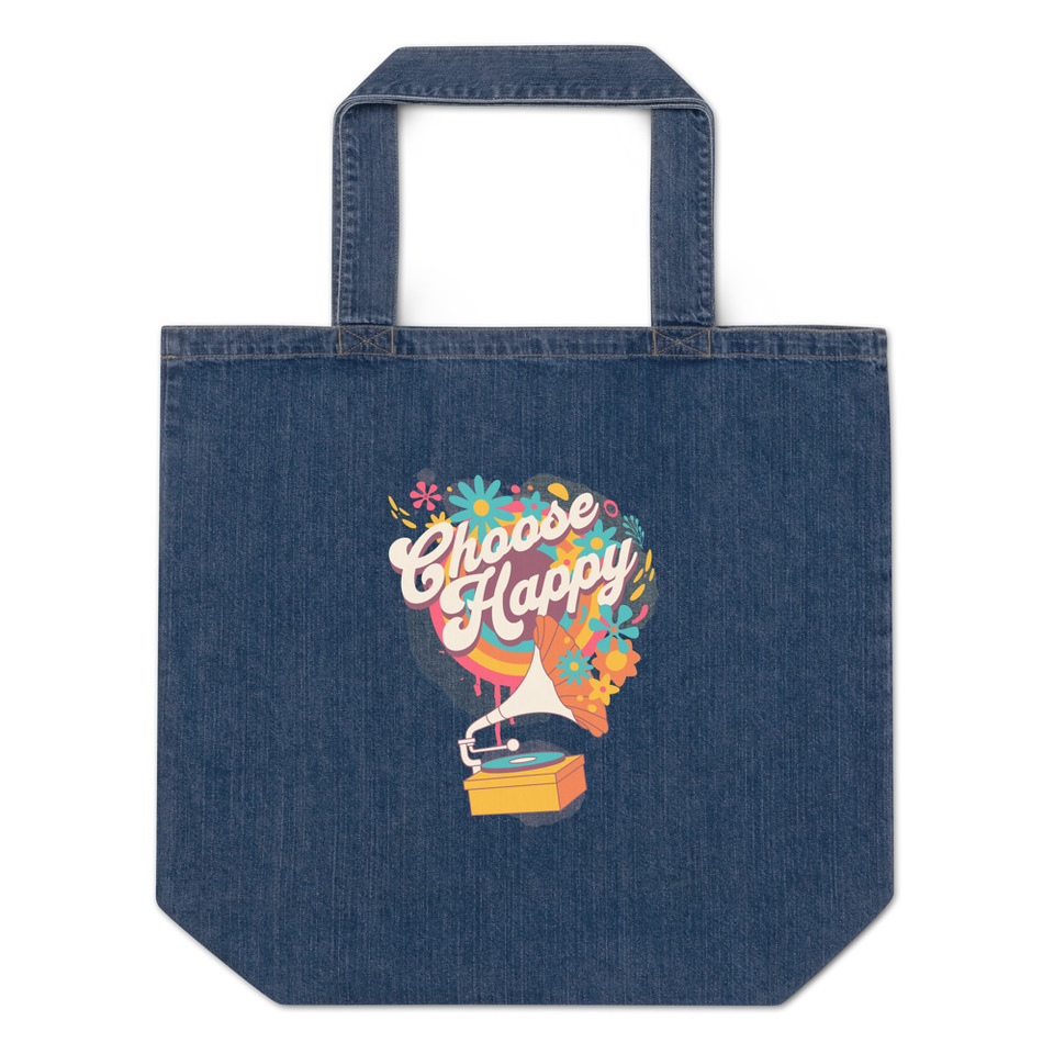 Choose Happy - Retro Music Organic Denim Tote Bag
