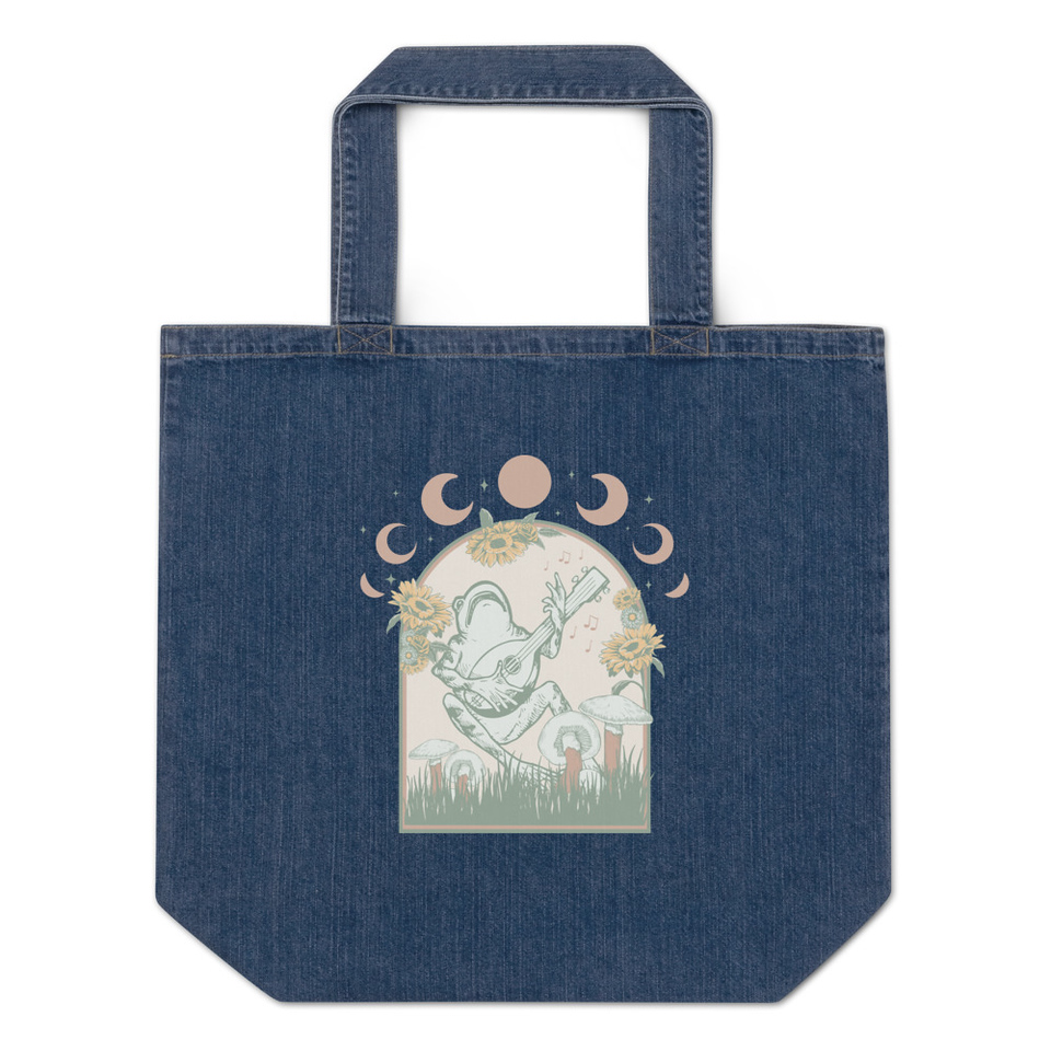 Cottagecore Frog Botanical Organic Denim Tote Bag