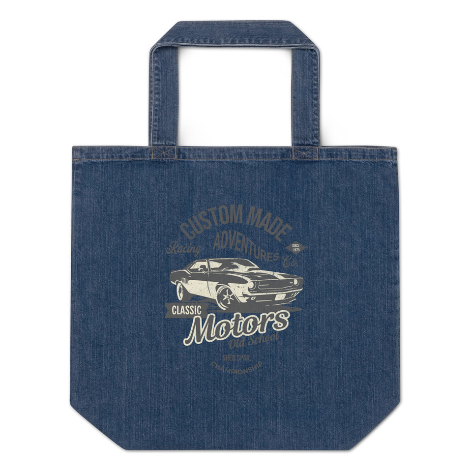 Custom Made Adventures Motors Old School Organic Denim Tote Bag