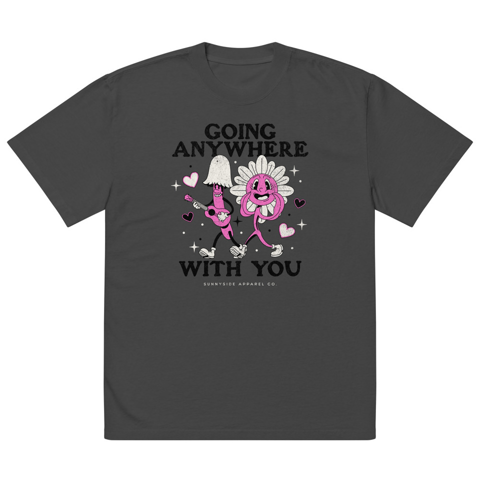 Anywhere With You - Typographic Cartoon Streetwear Oversized Faded T-Shirt