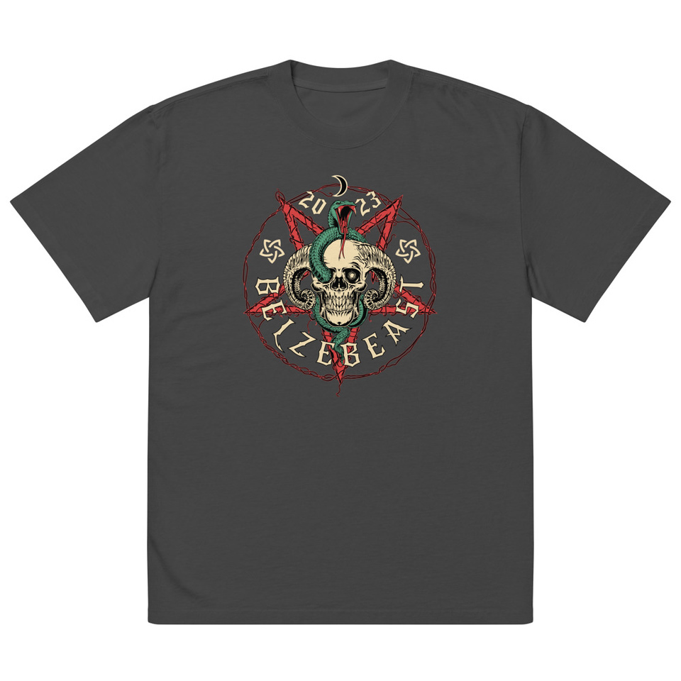 Belzebeast Pentagram - Halloween Skull with Snake Oversized Faded T-Shirt