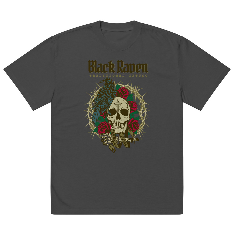 Black Raven Tattoo - Skull & Thorns Oversized Faded T-Shirt