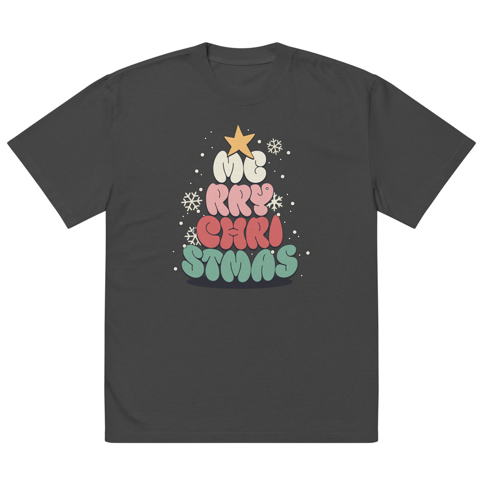 Cartoony Christmas Tree Oversized Faded T-Shirt