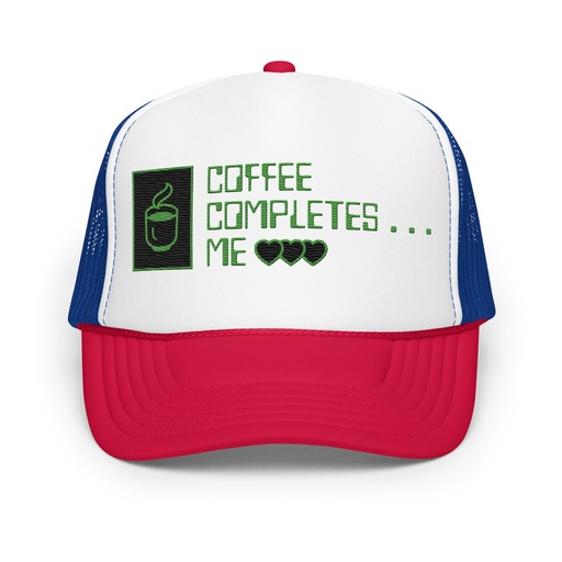 [ID: 627-G397] Coffee Completes Me - Neon Heart Foam Trucker Hat