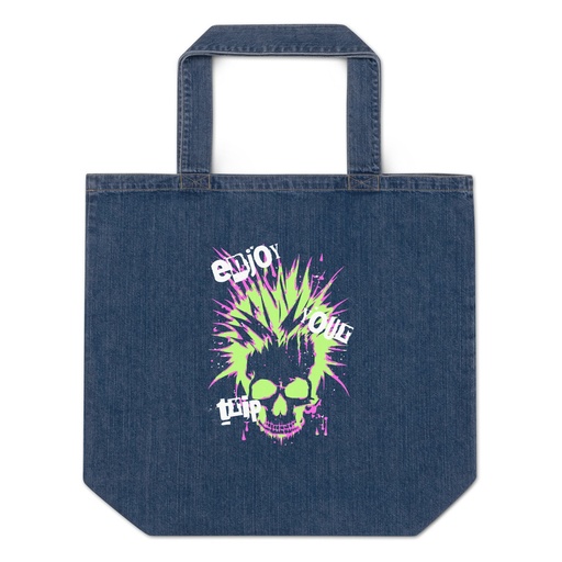 [ID: 528-G3] 'Enjoy Your Trip' Punk Skull Organic Denim Tote Bag