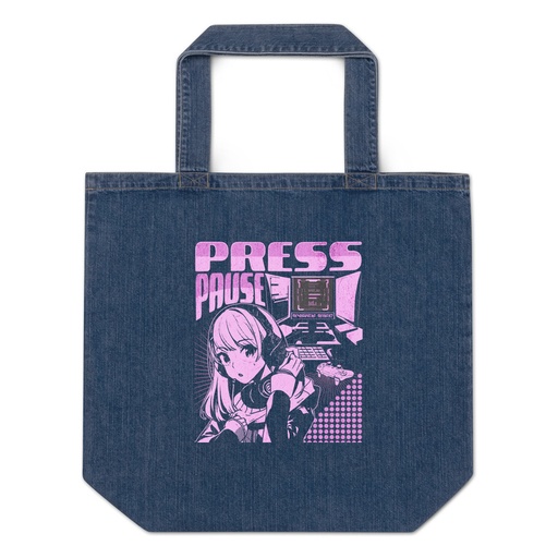 [ID: 528-G4] 'Press Pause' Anime Gaming Organic Denim Tote Bag