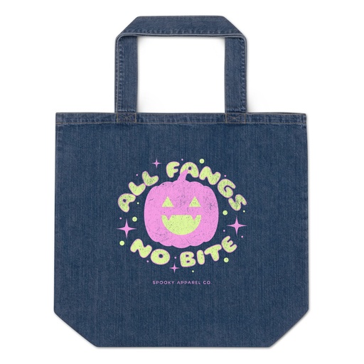 [ID: 528-G44] All Fangs No Bite - Halloween Organic Denim Tote Bag