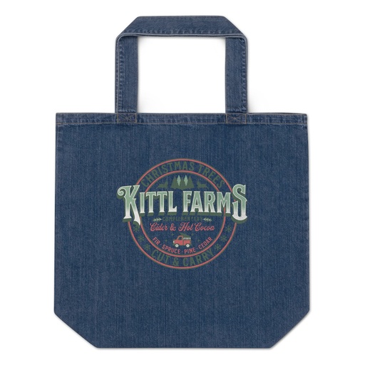 [ID: 528-G376] Christmas Tree Farm - Vintage Holiday Badge Organic Denim Tote Bag