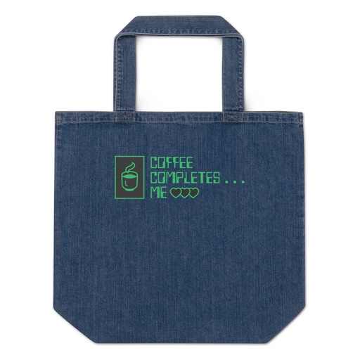 [ID: 528-G397] Coffee Completes Me - Neon Heart Organic Denim Tote Bag