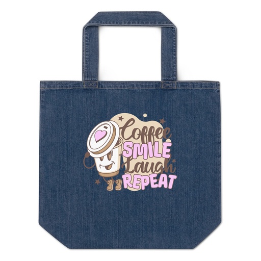 [ID: 528-G402] Coffee is Happiness - Retro Cartoon Mascot Organic Denim Tote Bag