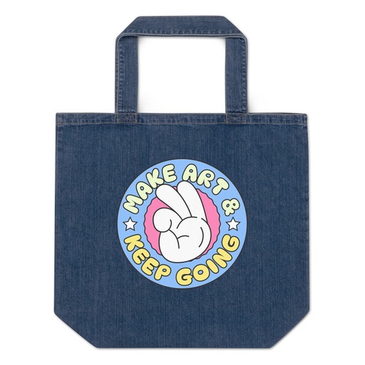 [ID: 528-G408] Colorful Fun Retro Style Badge Organic Denim Tote Bag