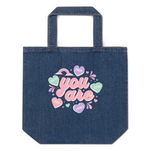 [ID: 528-G411] Colorful Self Love Affirmation - Heart Organic Denim Tote Bag