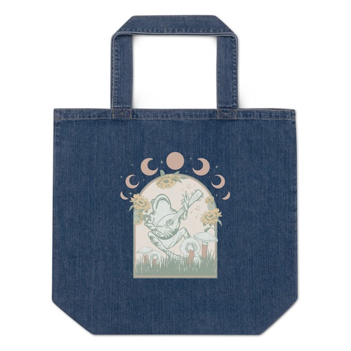 [ID: 528-G426] Cottagecore Frog Botanical Organic Denim Tote Bag