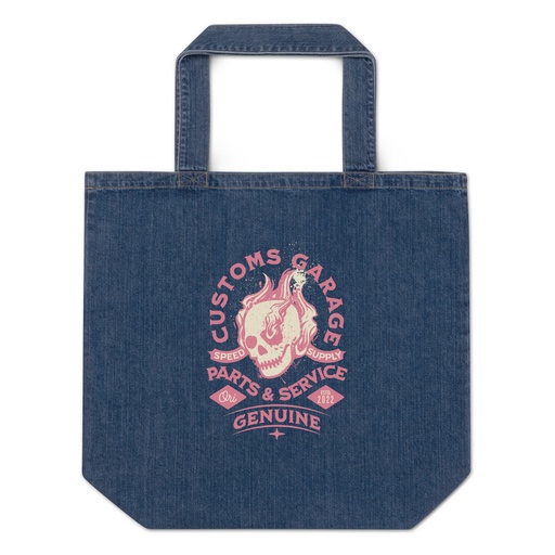 [ID: 528-G447] Customs Garage - Flaming Skull Organic Denim Tote Bag