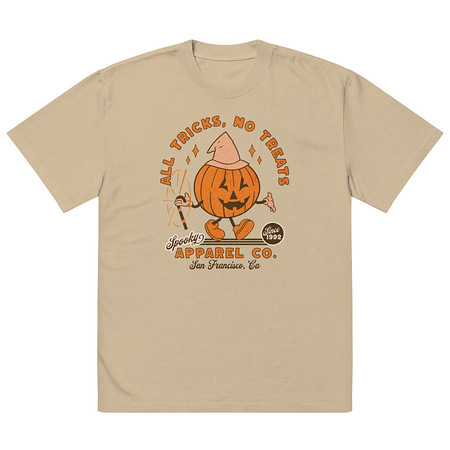 [ID: 713-G47] All Tricks No Treats - Pumpkin Mascot Oversized Faded T-Shirt