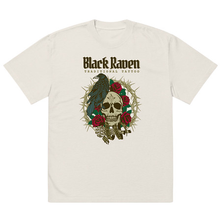 [ID: 713-G229] Black Raven Tattoo - Skull & Thorns Oversized Faded T-Shirt