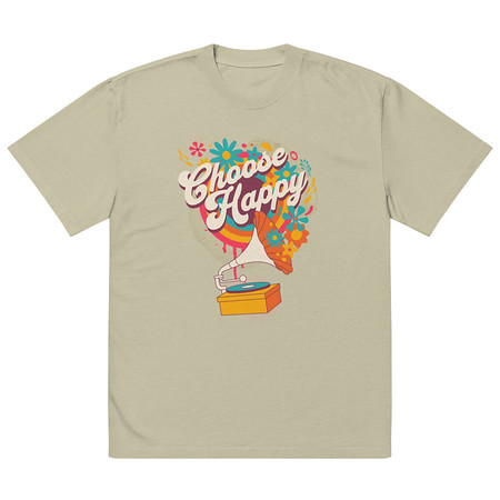 [ID: 713-G370] Choose Happy - Retro Music Oversized Faded T-Shirt