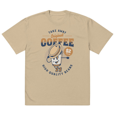 [ID: 713-G398] Coffee Cup - Comics Mascot Oversized Faded T-Shirt