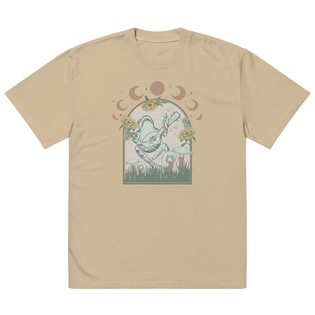 [ID: 713-G426] Cottagecore Frog Botanical Oversized Faded T-Shirt