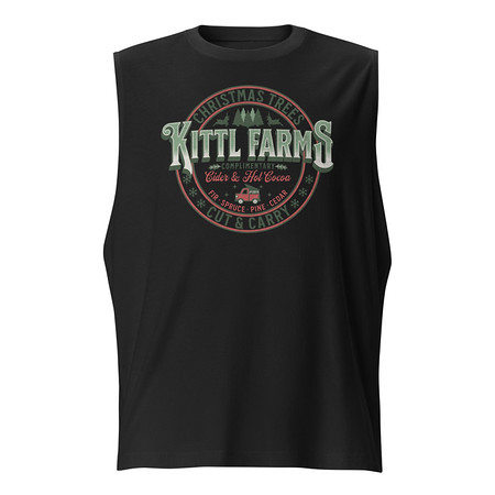 [ID: 365-G376] Christmas Tree Farm - Vintage Holiday Badge Unisex Muscle Shirt