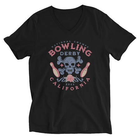 [ID: 223-G276] Bowling Derby Champs - Grunge Skull Unisex V-Neck Tee