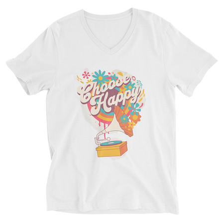 [ID: 223-G370] Choose Happy - Retro Music Unisex V-Neck Tee