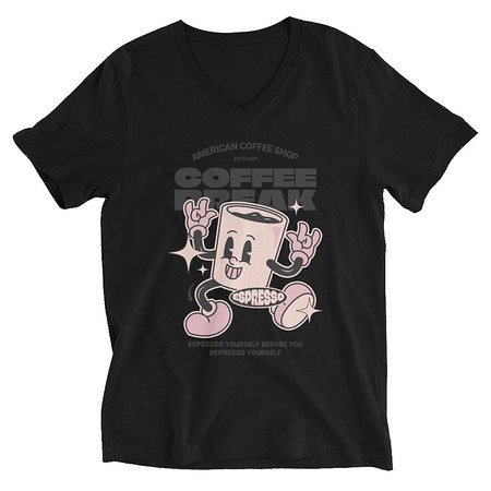 [ID: 223-G395] Coffee Break Mascot Unisex V-Neck Tee