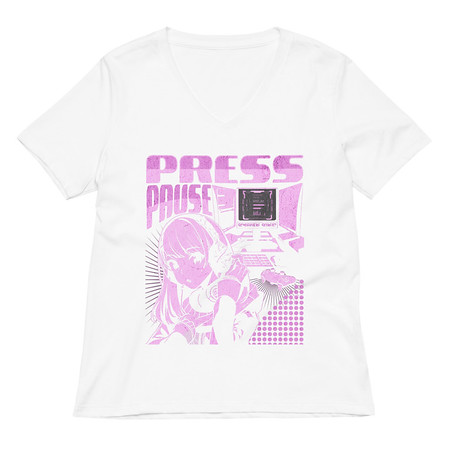 [ID: 782-G4] 'Press Pause' Anime Gaming Women's Relaxed V-Neck T-Shirt