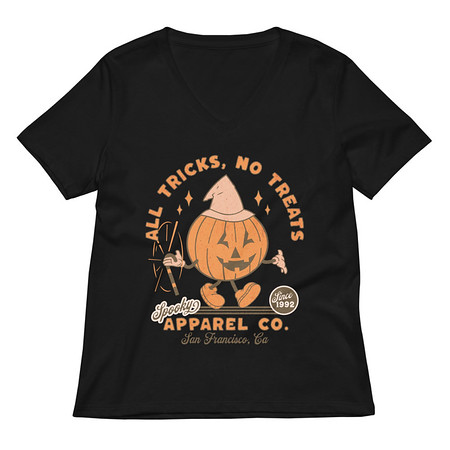 [ID: 782-G47] All Tricks No Treats - Pumpkin Mascot Women's Relaxed V-Neck T-Shirt