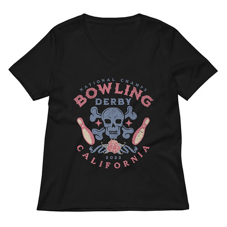 [ID: 782-G276] Bowling Derby Champs - Grunge Skull Women's Relaxed V-Neck T-Shirt