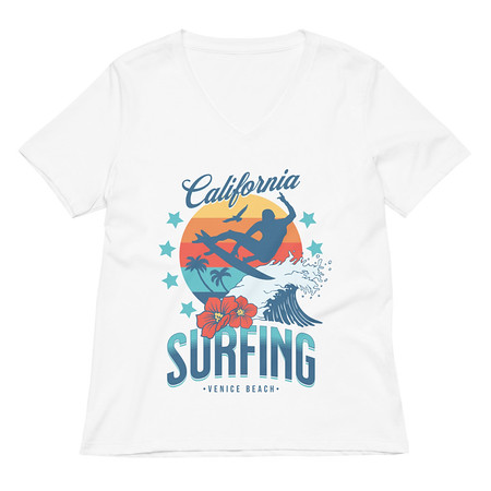[ID: 782-G318] California Surfing - Palm Beach Women's Relaxed V-Neck T-Shirt