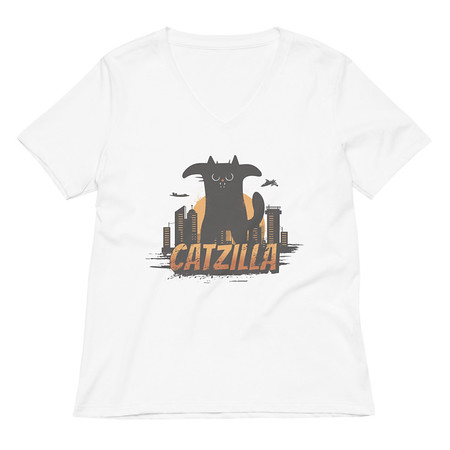 [ID: 782-G350] Catzilla - Funny Comic Animal Women's Relaxed V-Neck T-Shirt