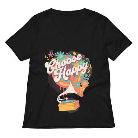 [ID: 782-G370] Choose Happy - Retro Music Women's Relaxed V-Neck T-Shirt