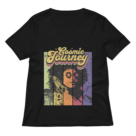 [ID: 782-G422] Cosmic Journey Rainbow Retro Women's Relaxed V-Neck T-Shirt