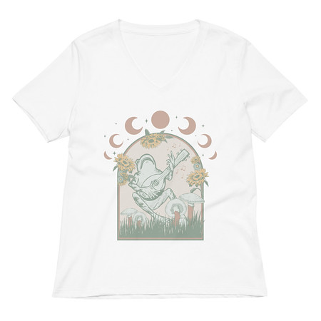 [ID: 782-G426] Cottagecore Frog Botanical Women's Relaxed V-Neck T-Shirt
