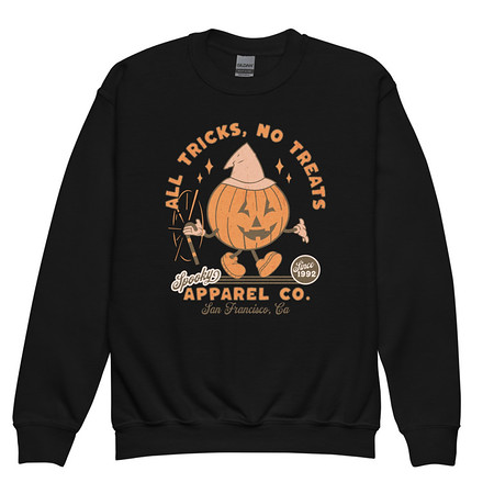 [ID: 677-G47] All Tricks No Treats - Pumpkin Mascot Youth Crew Neck Sweatshirt