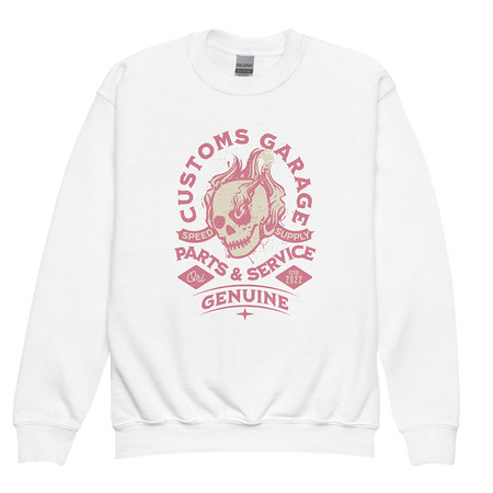 [ID: 677-G447] Customs Garage - Flaming Skull Youth Crew Neck Sweatshirt