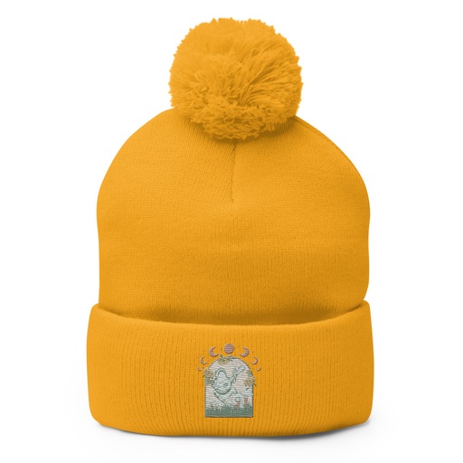 [ID: 93-G426] Cottagecore Frog Botanical Pom-Pom Knit Cap