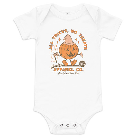 [ID: 308-G47] All Tricks No Treats - Pumpkin Mascot Baby Short Sleeve One Piece