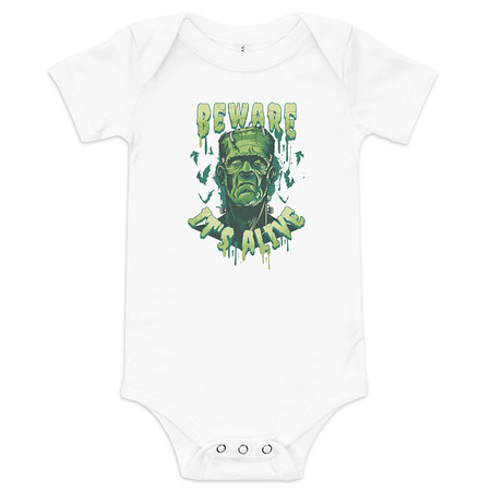 [ID: 308-G197] Beware of Frankenstein - Scary Halloween Baby Short Sleeve One Piece