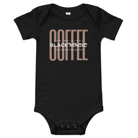 [ID: 308-G226] Black Magic - Minimal Modern Coffee Quote Baby Short Sleeve One Piece