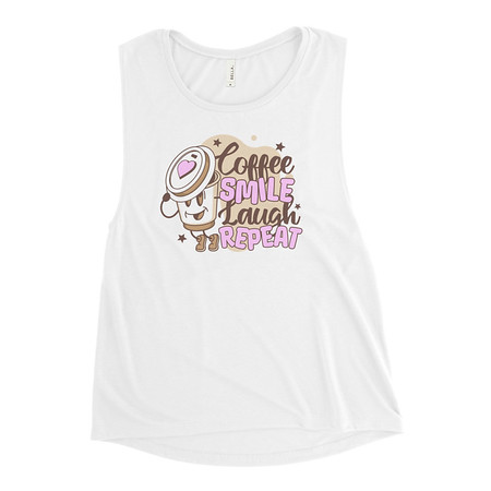 [ID: 271-G402] Coffee is Happiness - Retro Cartoon Mascot Women's Muscle Tank