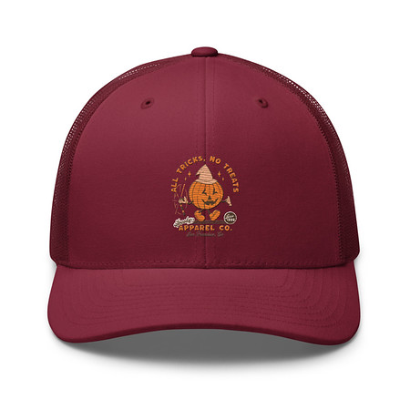 [ID: 252-G47] All Tricks No Treats - Pumpkin Mascot Retro Trucker Hat