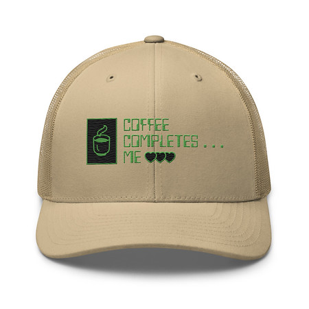 [ID: 252-G397] Coffee Completes Me - Neon Heart Retro Trucker Hat